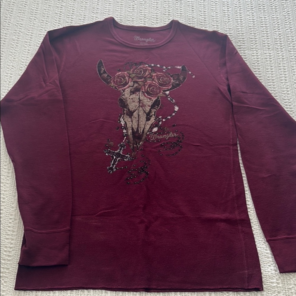 Wrangler Maroon Long Sleeve with Bull Skull and Roses